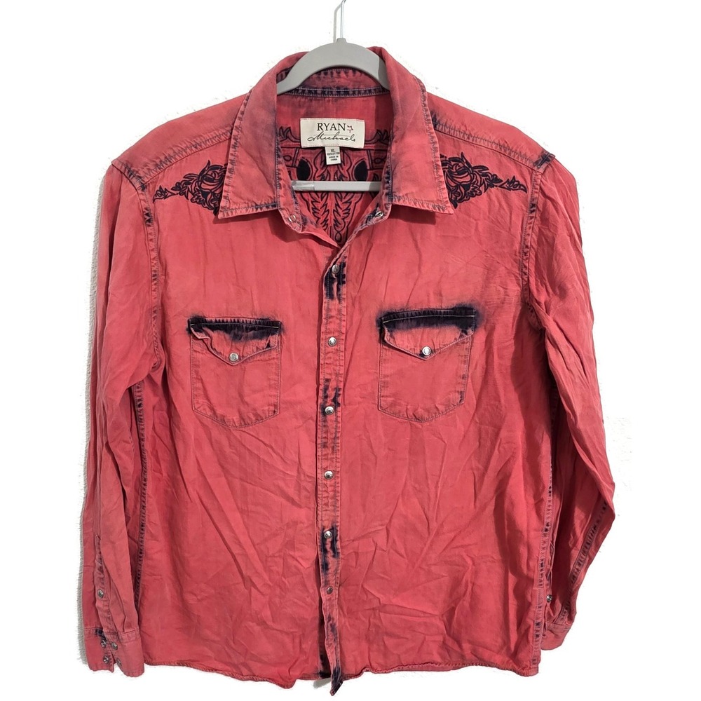 Ryan Michael Shirt Mens XL Red Solid Long Sleeve Snap Western Skull Embroidered